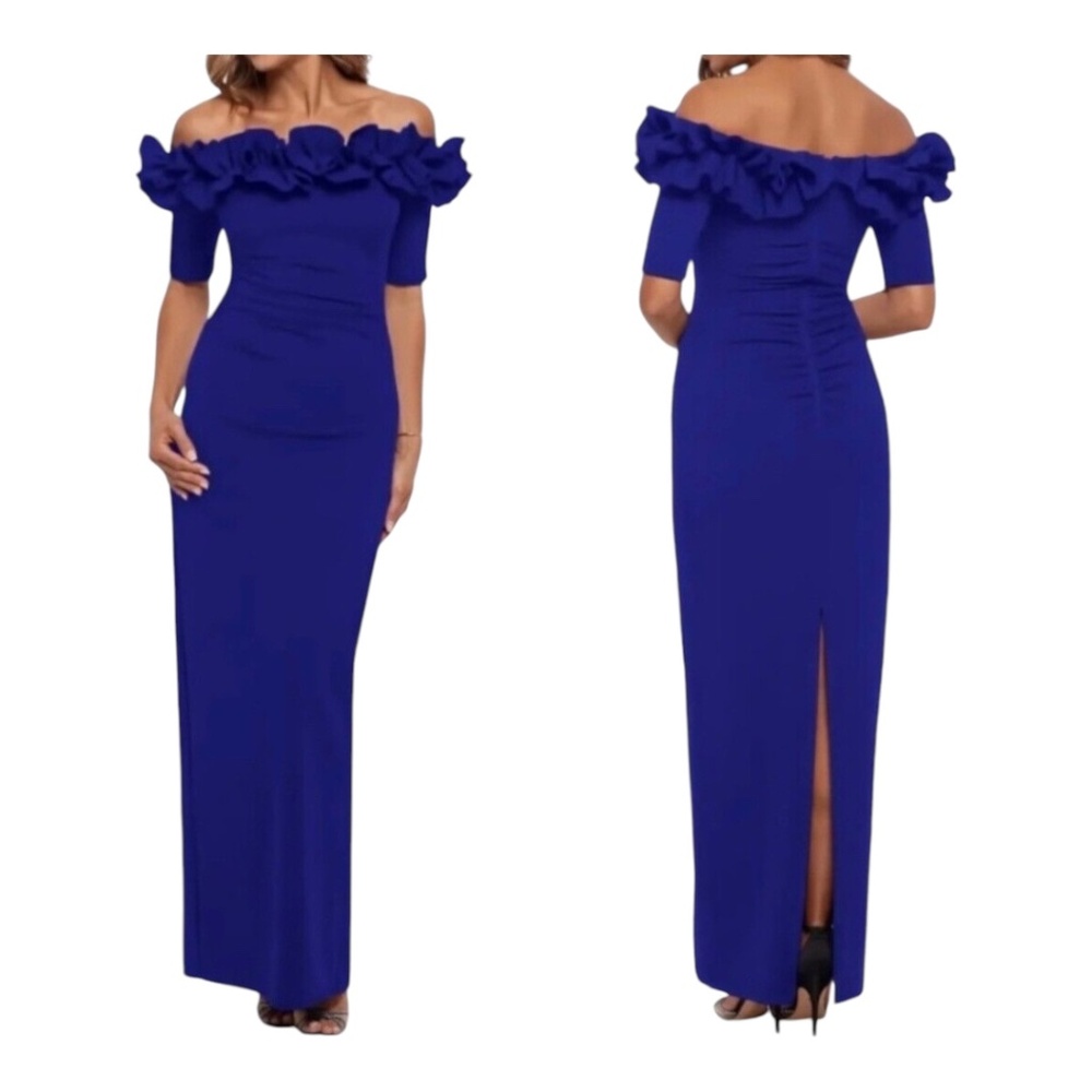 NWT Xscape Isla Long Crepe Off-The Shoulder Ruffle Gown